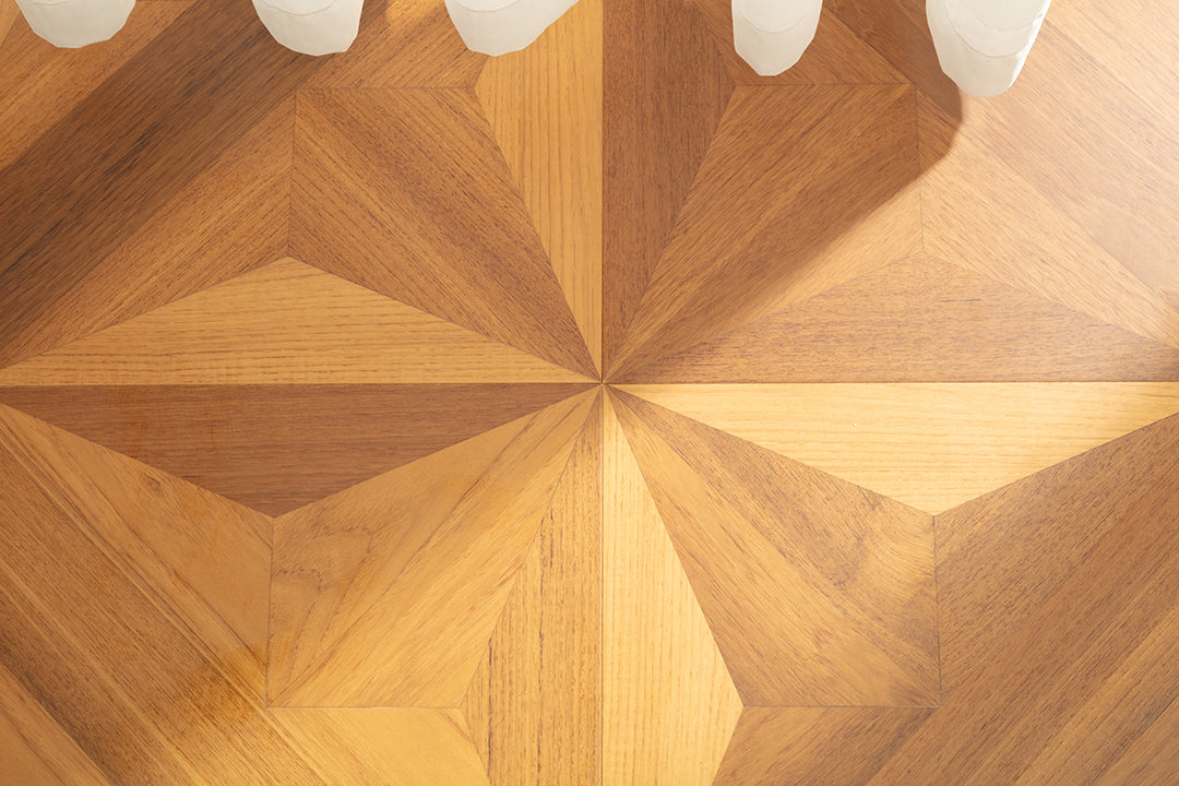 9158 Teak & Birch Star‑Burst Floral Inlay Parquet Flooring | Hand‑PU Finish Marquetry Art Parquet Series