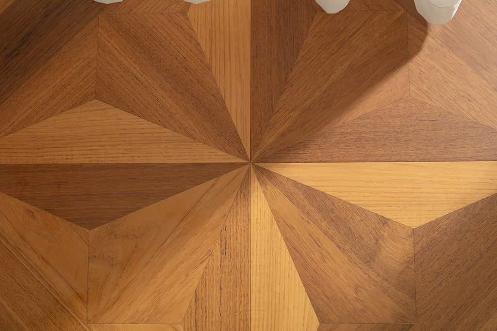 9158 Teak & Birch Star‑Burst Floral Inlay Parquet Flooring | Hand‑PU Finish Marquetry Art Parquet Series