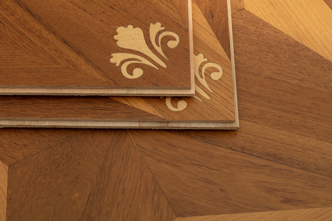 9158 Teak & Birch Star‑Burst Floral Inlay Parquet Flooring | Hand‑PU Finish Marquetry Art Parquet Series