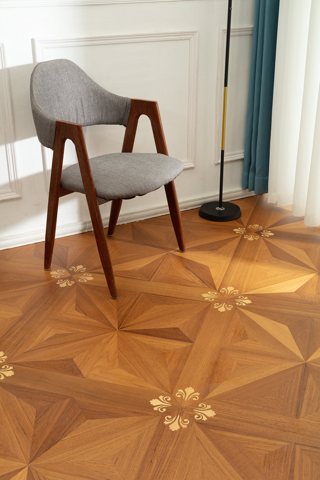 9158 Teak & Birch Star‑Burst Floral Inlay Parquet Flooring | Hand‑PU Finish Marquetry Art Parquet Series