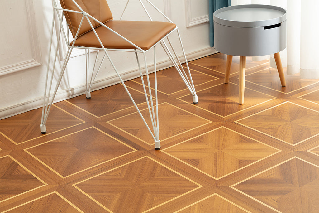 9159 Teak & Birch Double‑Border Geometric Parquet Flooring | Hand‑PU Finish Marquetry Art Parquet Series