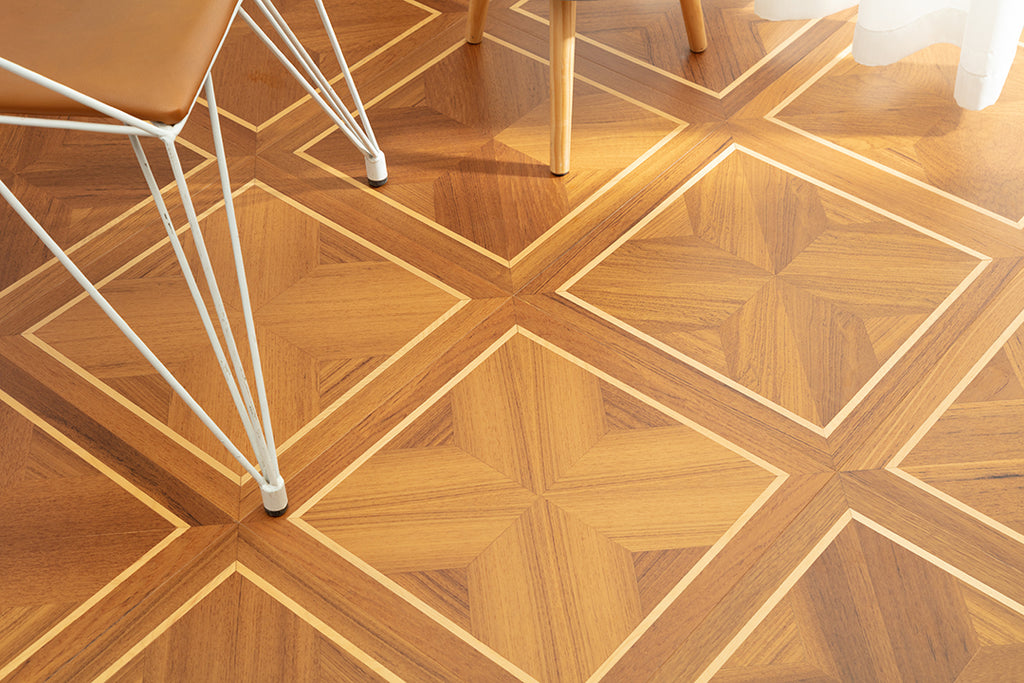 9159 Teak & Birch Double‑Border Geometric Parquet Flooring | Hand‑PU Finish Marquetry Art Parquet Series