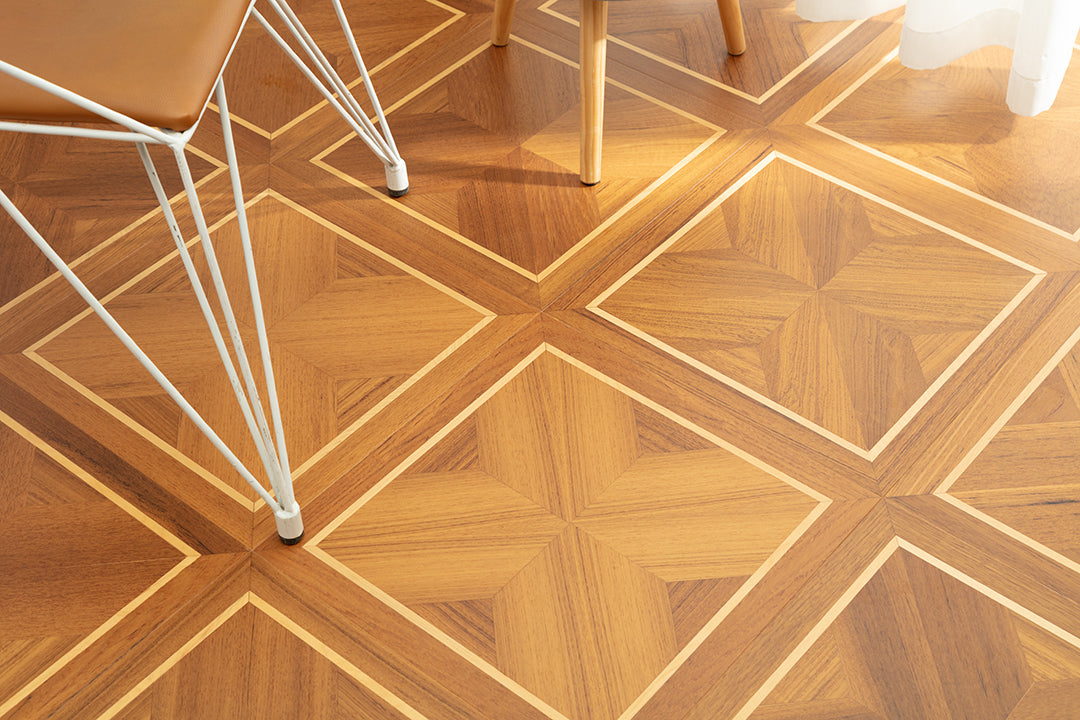 9159 Teak & Birch Double‑Border Geometric Parquet Flooring | Hand‑PU Finish Marquetry Art Parquet Series
