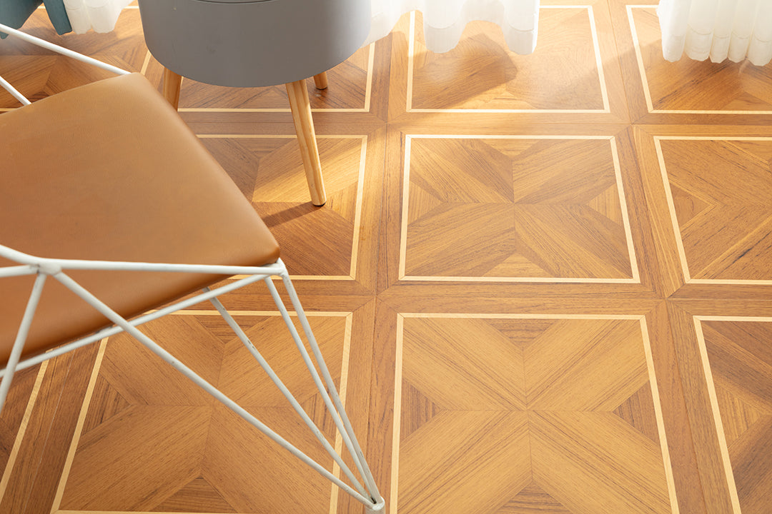 9159 Teak & Birch Double‑Border Geometric Parquet Flooring | Hand‑PU Finish Marquetry Art Parquet Series