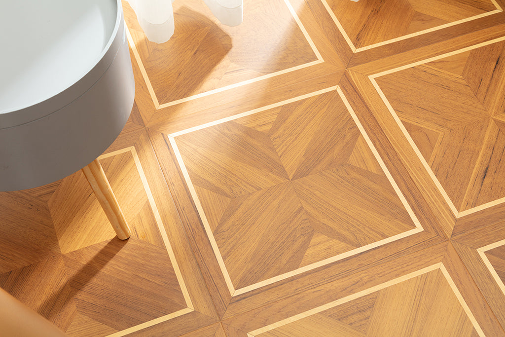9159 Teak & Birch Double‑Border Geometric Parquet Flooring | Hand‑PU Finish Marquetry Art Parquet Series