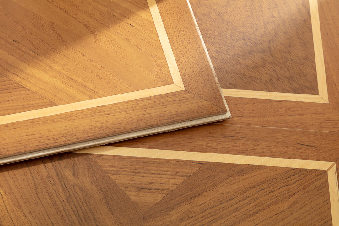 9159 Teak & Birch Double‑Border Geometric Parquet Flooring | Hand‑PU Finish Marquetry Art Parquet Series