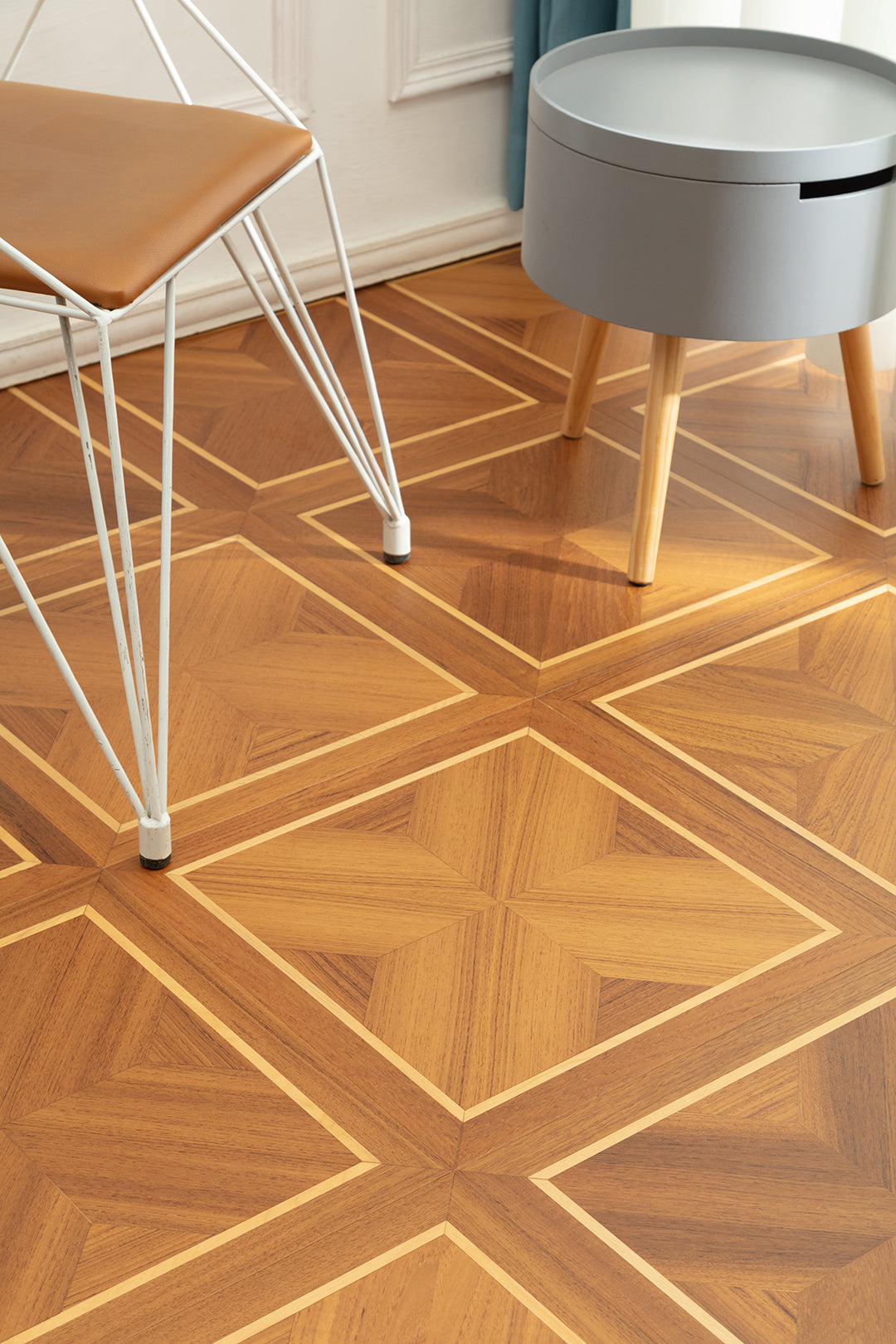 9159 Teak & Birch Double‑Border Geometric Parquet Flooring | Hand‑PU Finish Marquetry Art Parquet Series