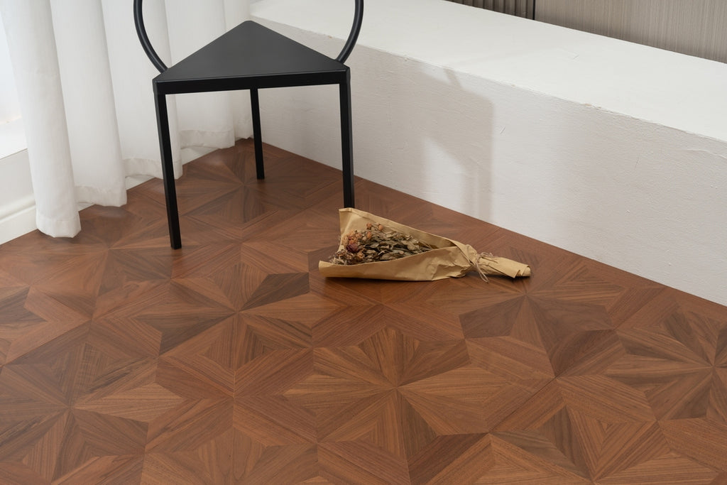 9163 Black Walnut Radial Star‑Burst Parquet Flooring | Hand‑PU Finish Marquetry Art Parquet Series