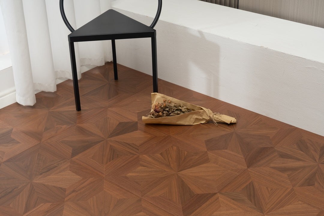 9163 Black Walnut Radial Star‑Burst Parquet Flooring | Hand‑PU Finish Marquetry Art Parquet Series
