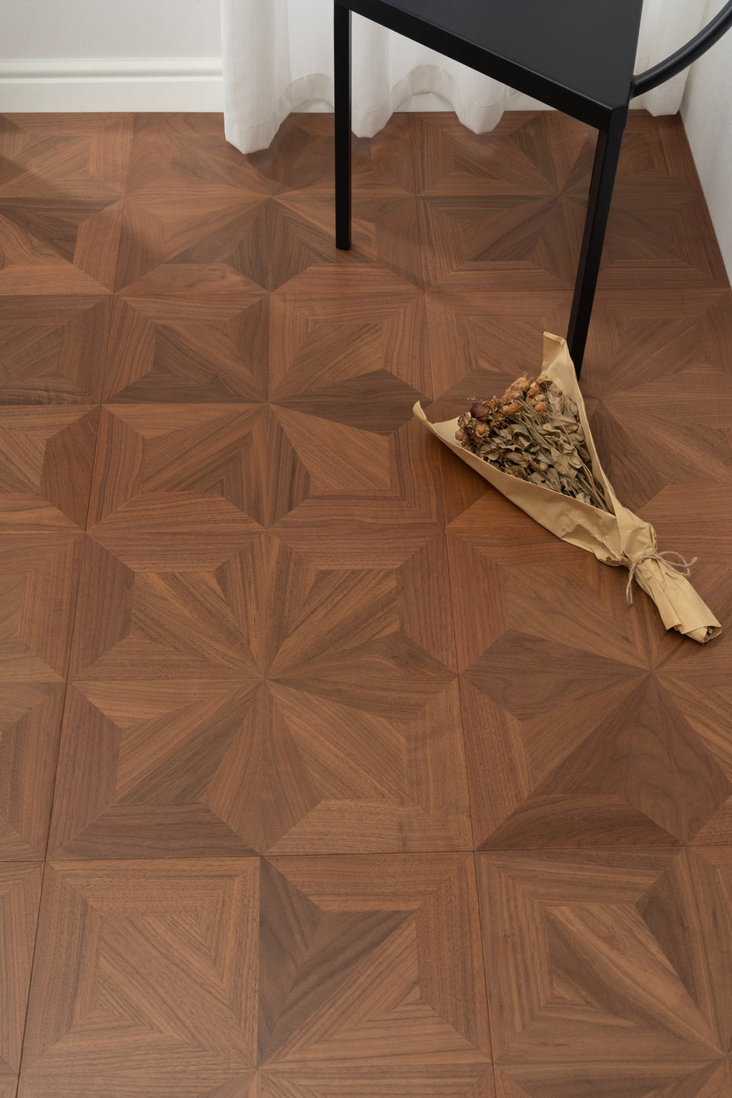 9163 Black Walnut Radial Star‑Burst Parquet Flooring | Hand‑PU Finish Marquetry Art Parquet Series