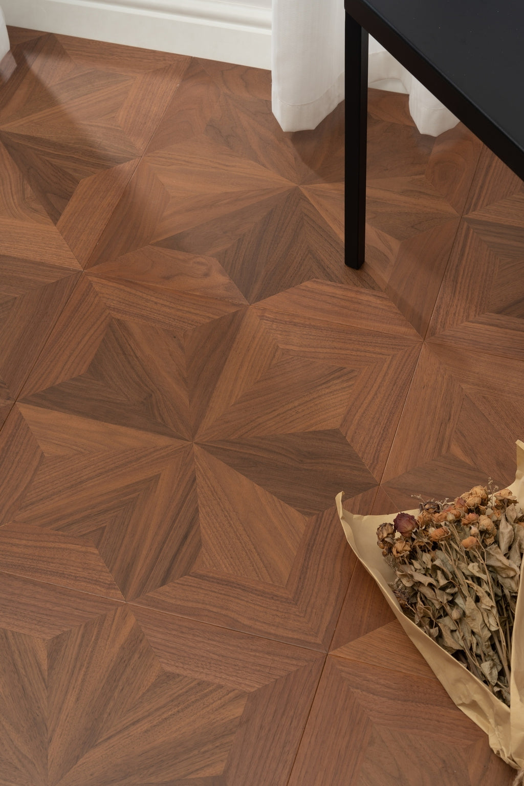 9163 Black Walnut Radial Star‑Burst Parquet Flooring | Hand‑PU Finish Marquetry Art Parquet Series