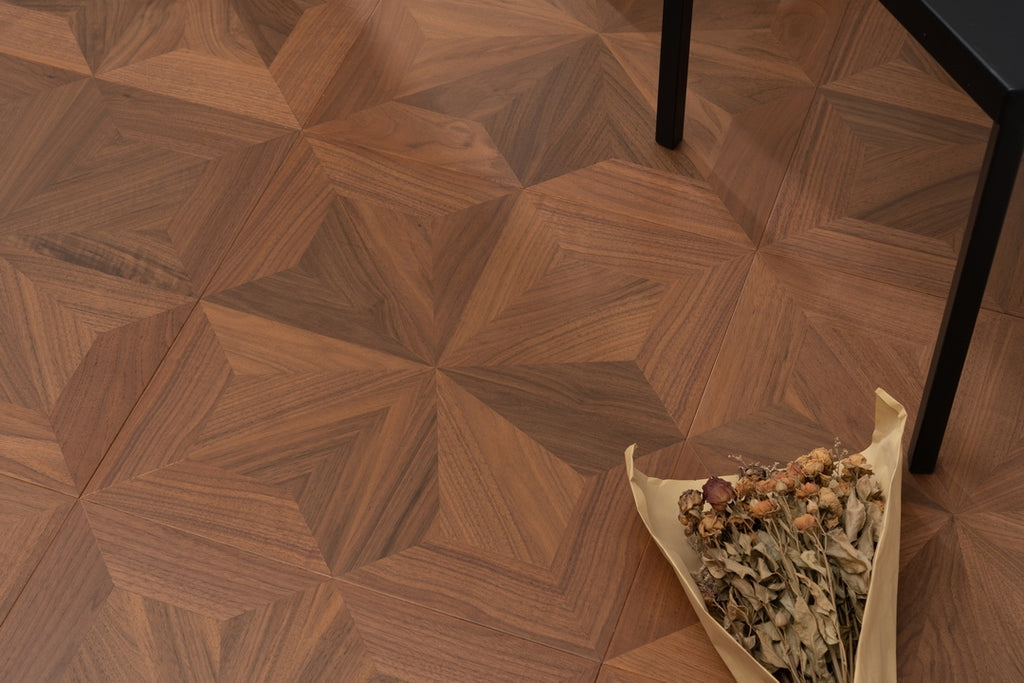 9163 Black Walnut Radial Star‑Burst Parquet Flooring | Hand‑PU Finish Marquetry Art Parquet Series