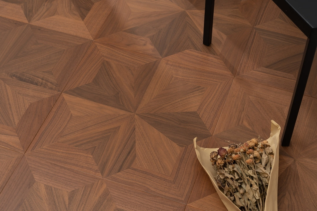 9163 Black Walnut Radial Star‑Burst Parquet Flooring | Hand‑PU Finish Marquetry Art Parquet Series