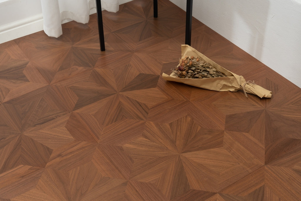 9163 Black Walnut Radial Star‑Burst Parquet Flooring | Hand‑PU Finish Marquetry Art Parquet Series