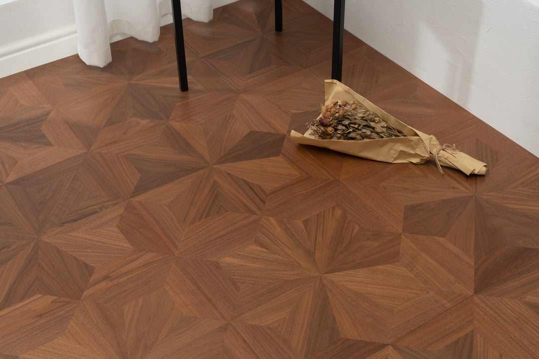9163 Black Walnut Radial Star‑Burst Parquet Flooring | Hand‑PU Finish Marquetry Art Parquet Series