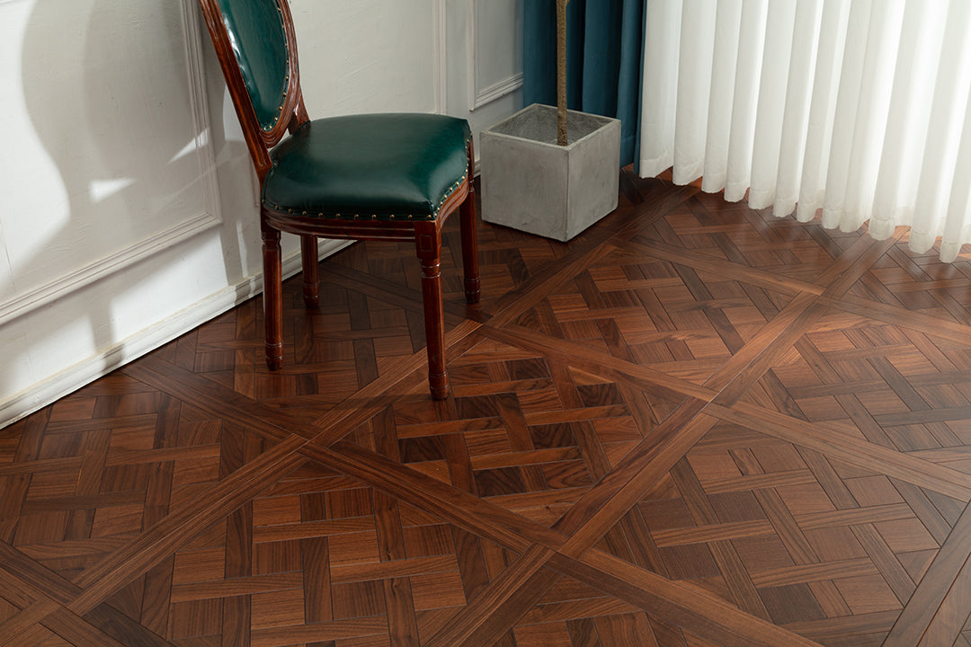 9181 Black Walnut Framed Basket‑Weave Parquet Flooring | Hand‑PU Finish Marquetry Art Parquet Series