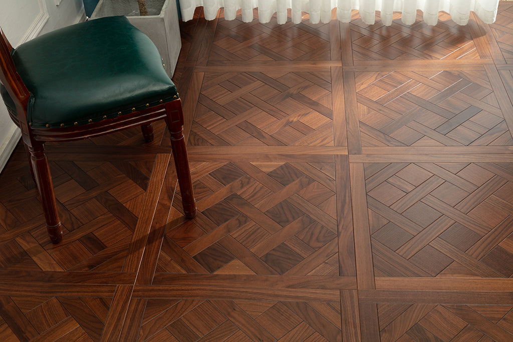 9181 Black Walnut Framed Basket‑Weave Parquet Flooring | Hand‑PU Finish Marquetry Art Parquet Series