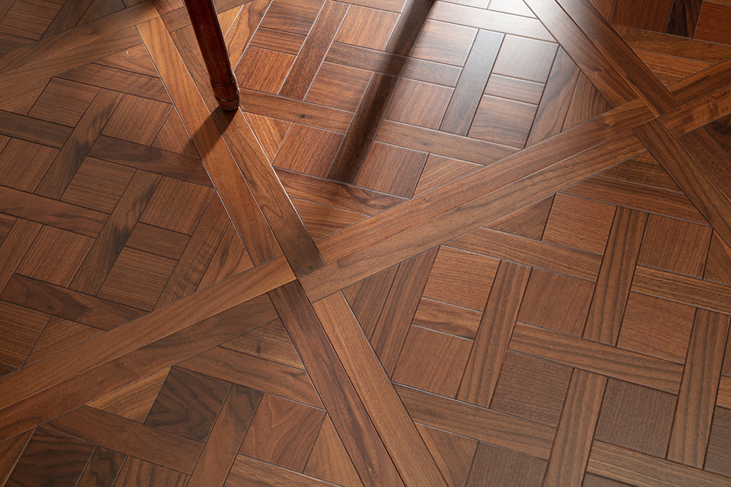 9181 Black Walnut Framed Basket‑Weave Parquet Flooring | Hand‑PU Finish Marquetry Art Parquet Series