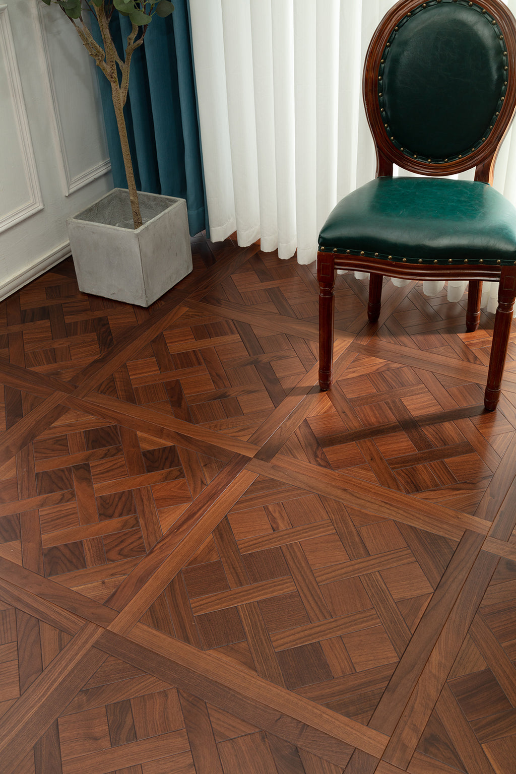 9181 Black Walnut Framed Basket‑Weave Parquet Flooring | Hand‑PU Finish Marquetry Art Parquet Series