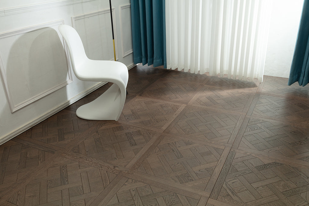 9182 Oak Weathered Grey Framed Basket‑Weave Parquet Flooring | Hand‑PU Finish Marquetry Art Parquet Series