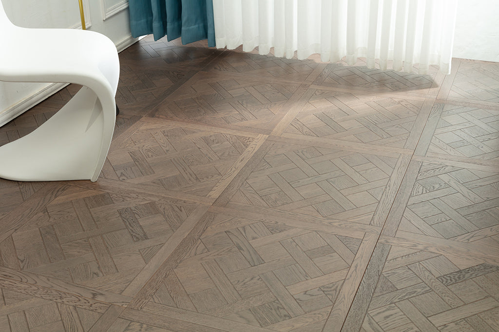 9182 Oak Weathered Grey Framed Basket‑Weave Parquet Flooring | Hand‑PU Finish Marquetry Art Parquet Series