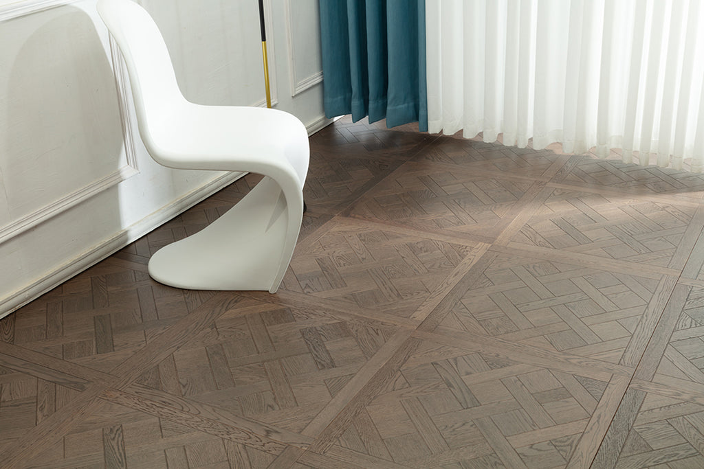 9182 Oak Weathered Grey Framed Basket‑Weave Parquet Flooring | Hand‑PU Finish Marquetry Art Parquet Series