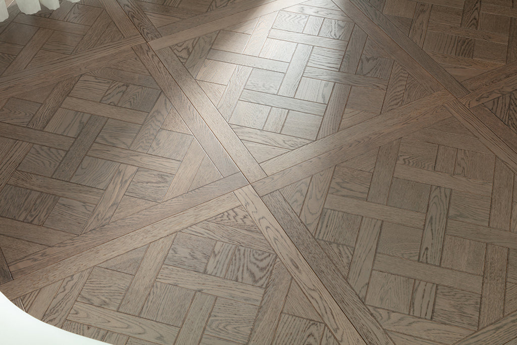 9182 Oak Weathered Grey Framed Basket‑Weave Parquet Flooring | Hand‑PU Finish Marquetry Art Parquet Series