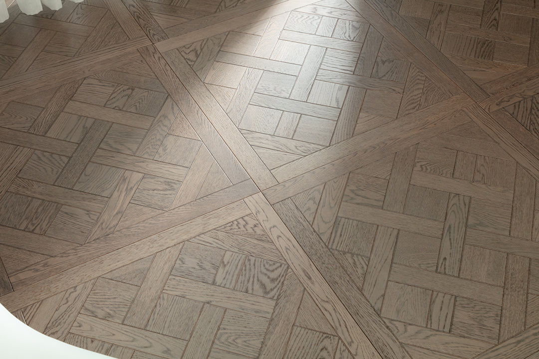 9182 Oak Weathered Grey Framed Basket‑Weave Parquet Flooring | Hand‑PU Finish Marquetry Art Parquet Series