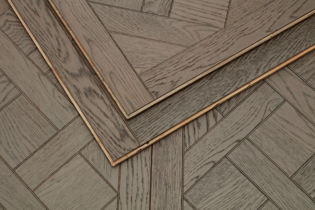 9182 Oak Weathered Grey Framed Basket‑Weave Parquet Flooring | Hand‑PU Finish Marquetry Art Parquet Series
