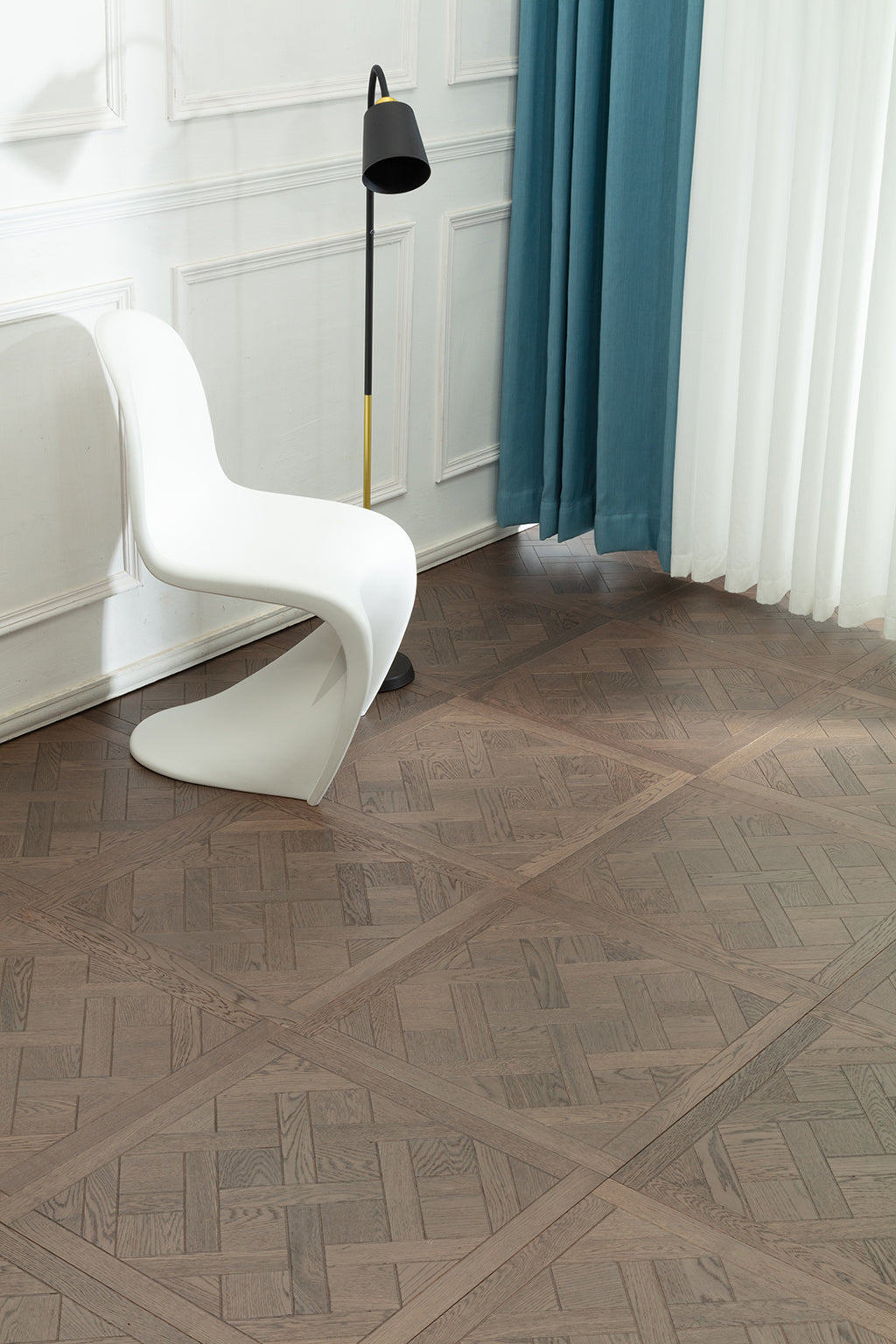9182 Oak Weathered Grey Framed Basket‑Weave Parquet Flooring | Hand‑PU Finish Marquetry Art Parquet Series