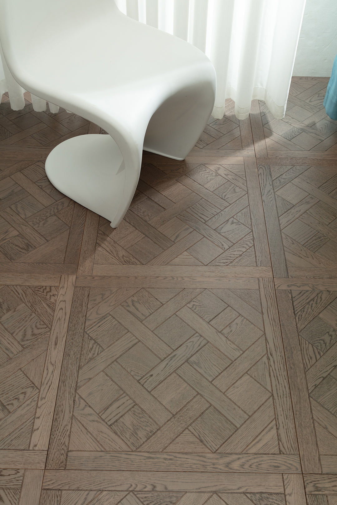 9182 Oak Weathered Grey Framed Basket‑Weave Parquet Flooring | Hand‑PU Finish Marquetry Art Parquet Series
