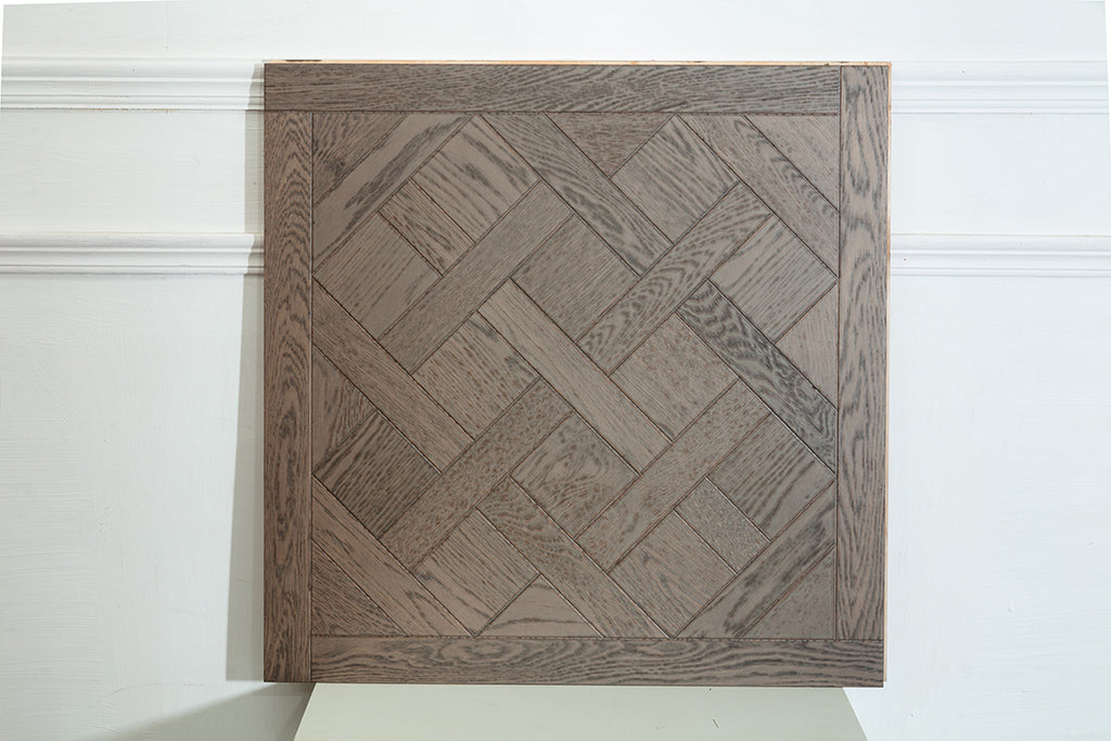 9182 Oak Weathered Grey Framed Basket‑Weave Parquet Flooring | Hand‑PU Finish Marquetry Art Parquet Series