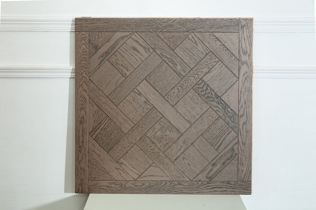 9182 Oak Weathered Grey Framed Basket‑Weave Parquet Flooring | Hand‑PU Finish Marquetry Art Parquet Series