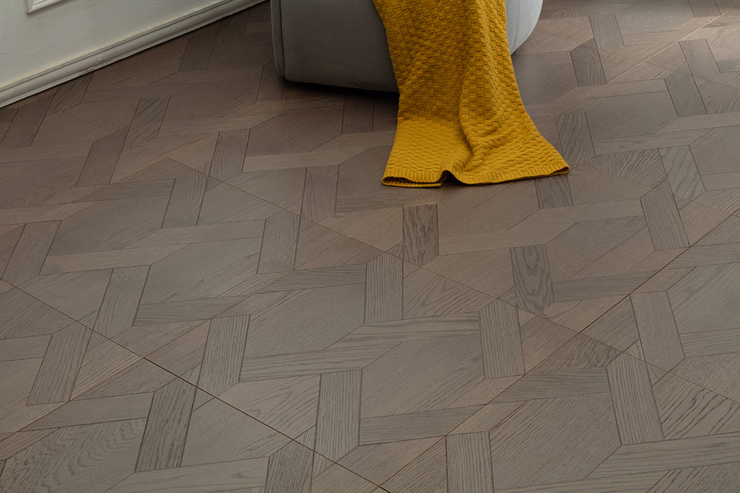 9183 Oak Ash‑Toned Rhombus Herringbone Parquet Flooring | Hand‑PU Finish Marquetry Art Parquet Series