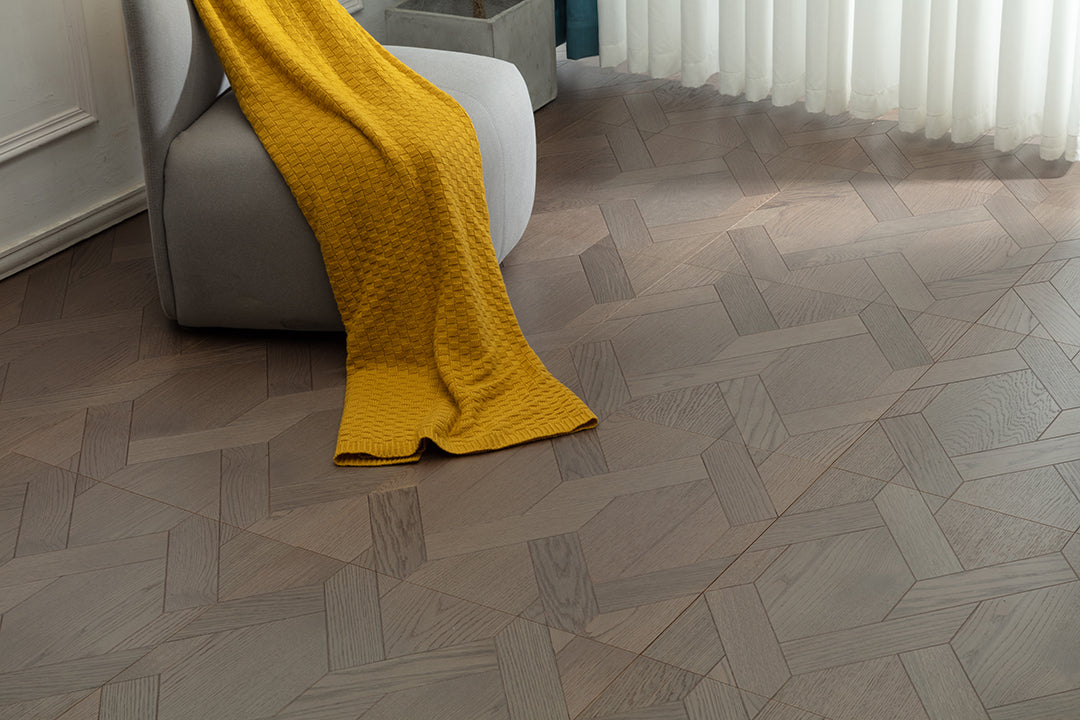 9183 Oak Ash‑Toned Rhombus Herringbone Parquet Flooring | Hand‑PU Finish Marquetry Art Parquet Series