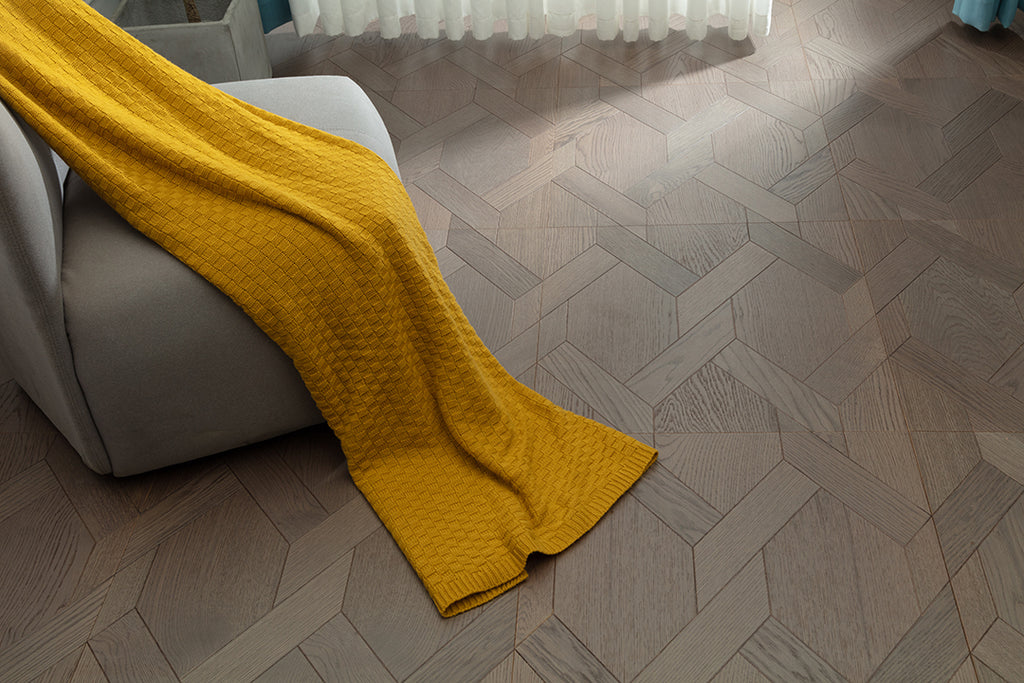 9183 Oak Ash‑Toned Rhombus Herringbone Parquet Flooring | Hand‑PU Finish Marquetry Art Parquet Series