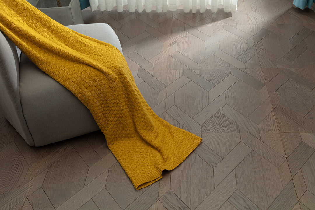 9183 Oak Ash‑Toned Rhombus Herringbone Parquet Flooring | Hand‑PU Finish Marquetry Art Parquet Series