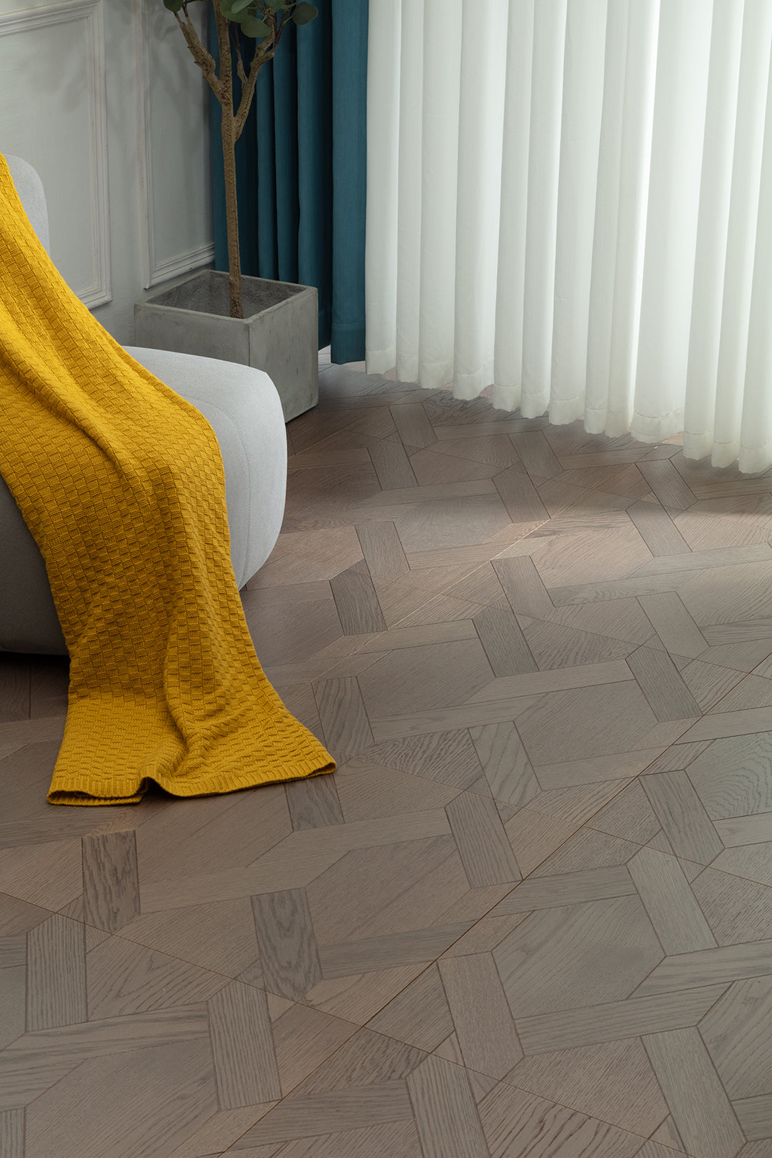 9183 Oak Ash‑Toned Rhombus Herringbone Parquet Flooring | Hand‑PU Finish Marquetry Art Parquet Series
