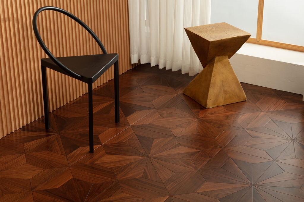 9187 Burst‑Star Parquet Flooring | Oak & Black Walnut Hand‑PU Finish Marquetry Art Parquet Series