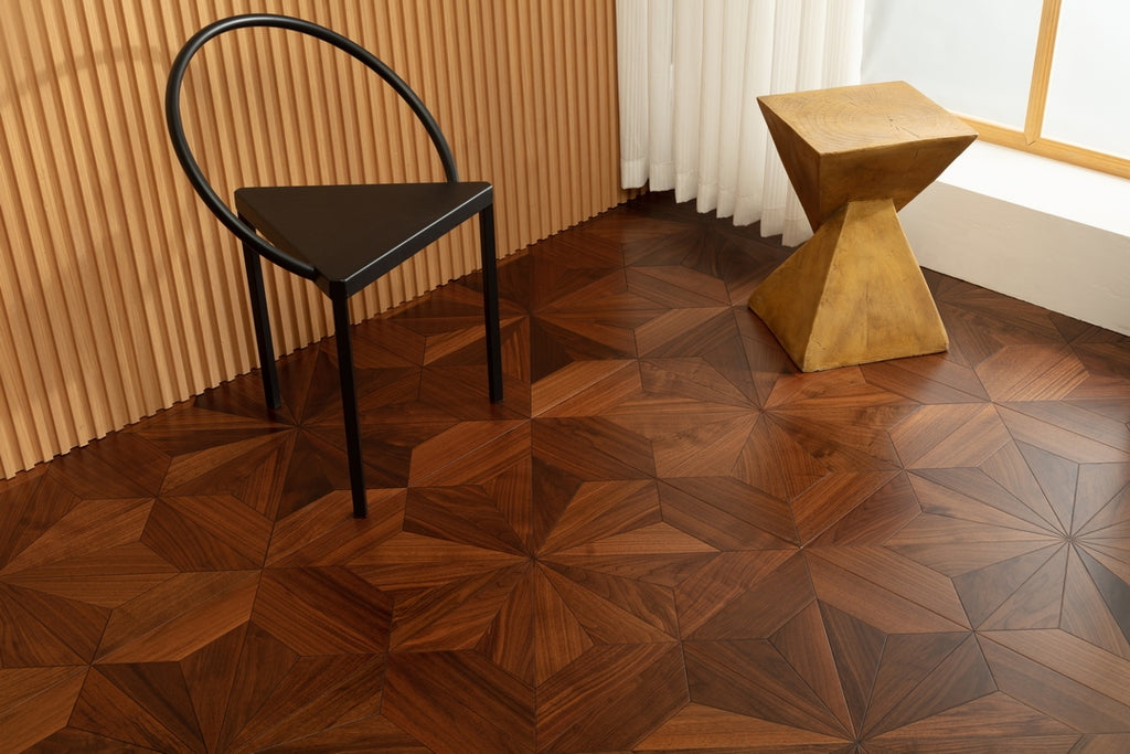 9187 Burst‑Star Parquet Flooring | Oak & Black Walnut Hand‑PU Finish Marquetry Art Parquet Series