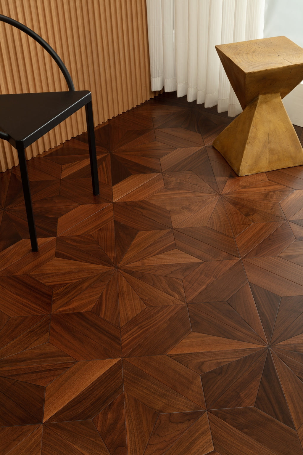 9187 Burst‑Star Parquet Flooring | Oak & Black Walnut Hand‑PU Finish Marquetry Art Parquet Series