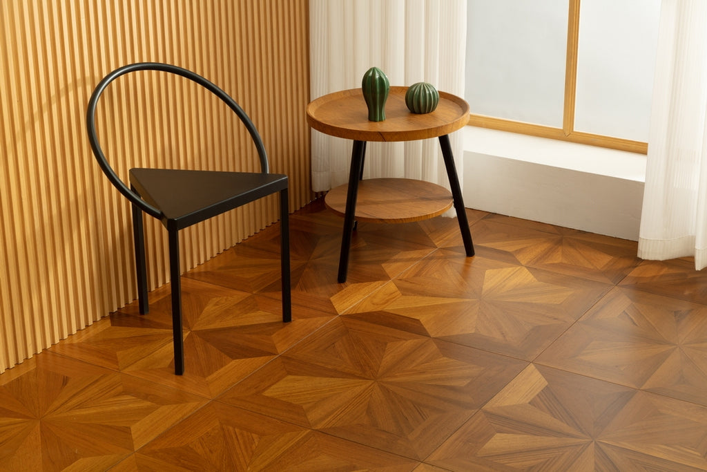 9188 Radial‑Star Teak Parquet Flooring | Hand‑PU Finish Marquetry Art Parquet Series
