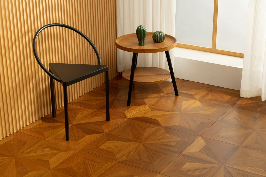 9188 Radial‑Star Teak Parquet Flooring | Hand‑PU Finish Marquetry Art Parquet Series