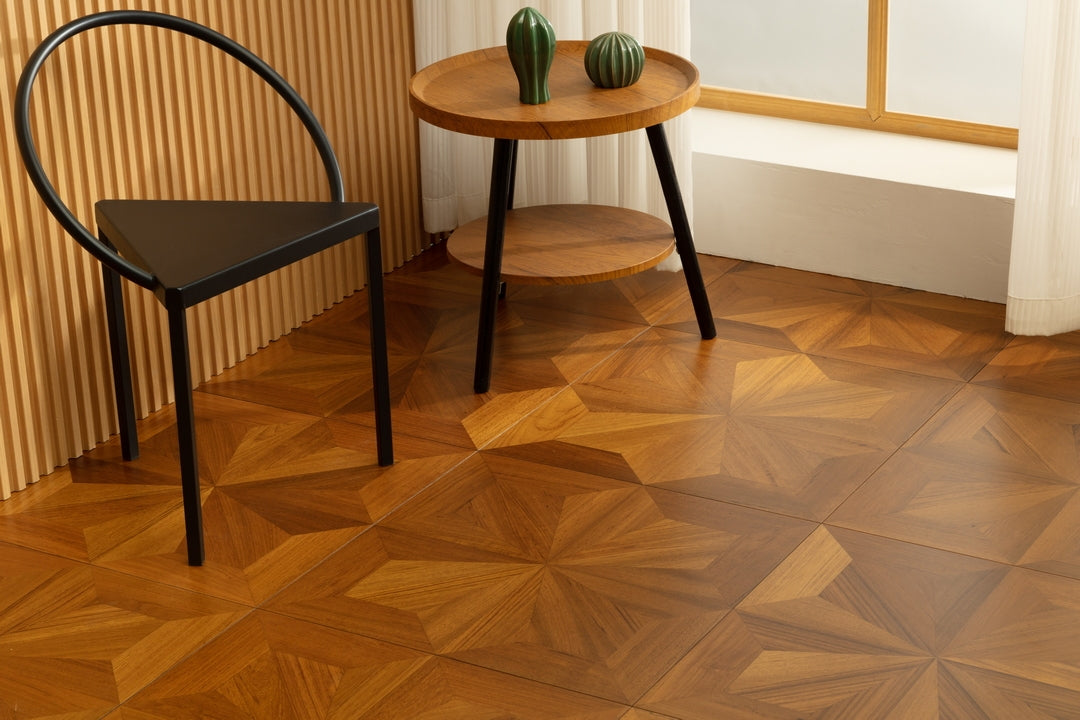 9188 Radial‑Star Teak Parquet Flooring | Hand‑PU Finish Marquetry Art Parquet Series