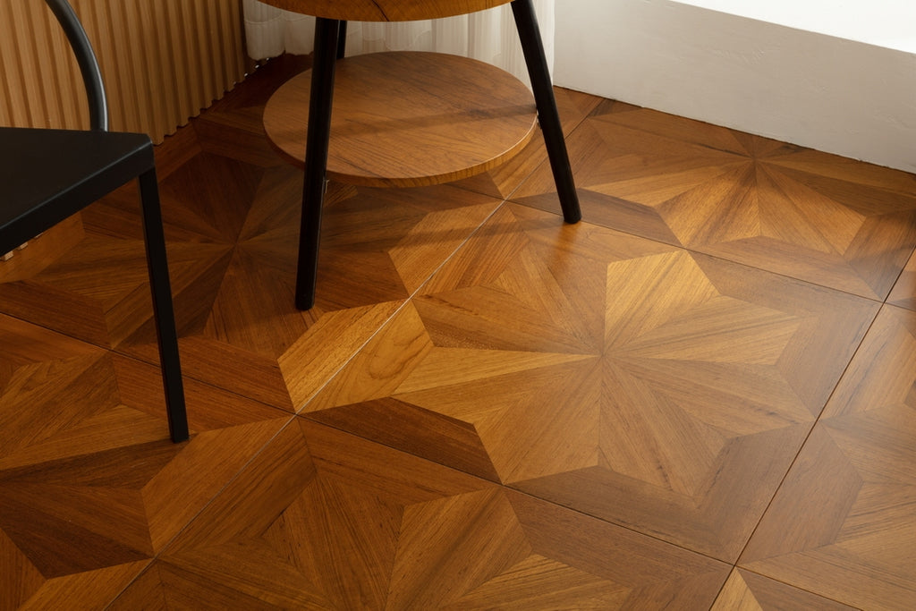9188 Radial‑Star Teak Parquet Flooring | Hand‑PU Finish Marquetry Art Parquet Series