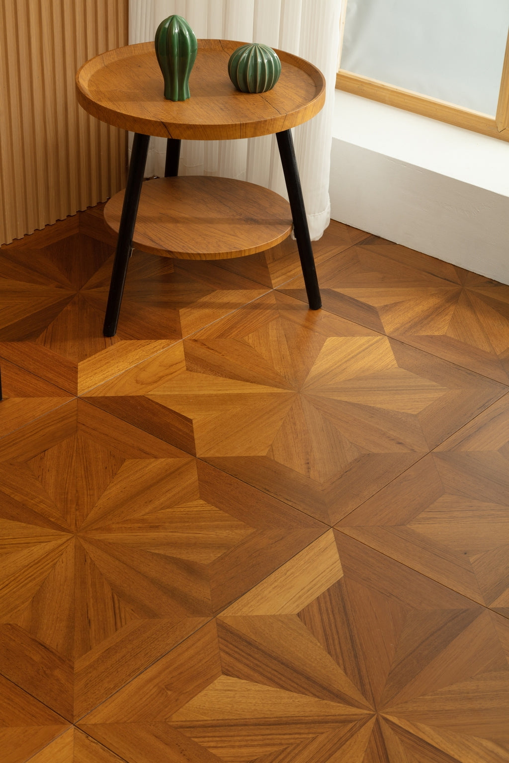 9188 Radial‑Star Teak Parquet Flooring | Hand‑PU Finish Marquetry Art Parquet Series