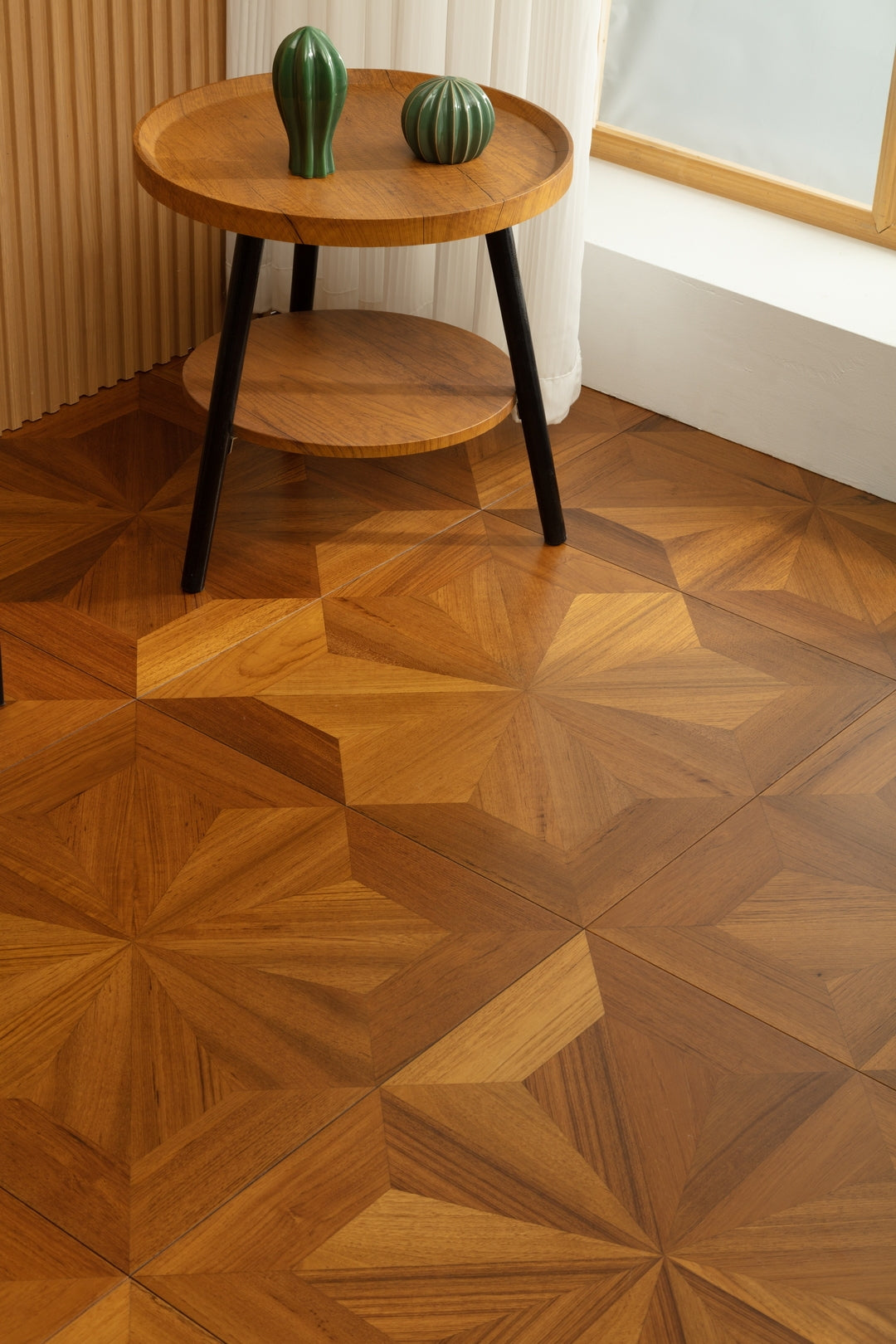 9188 Radial‑Star Teak Parquet Flooring | Hand‑PU Finish Marquetry Art Parquet Series