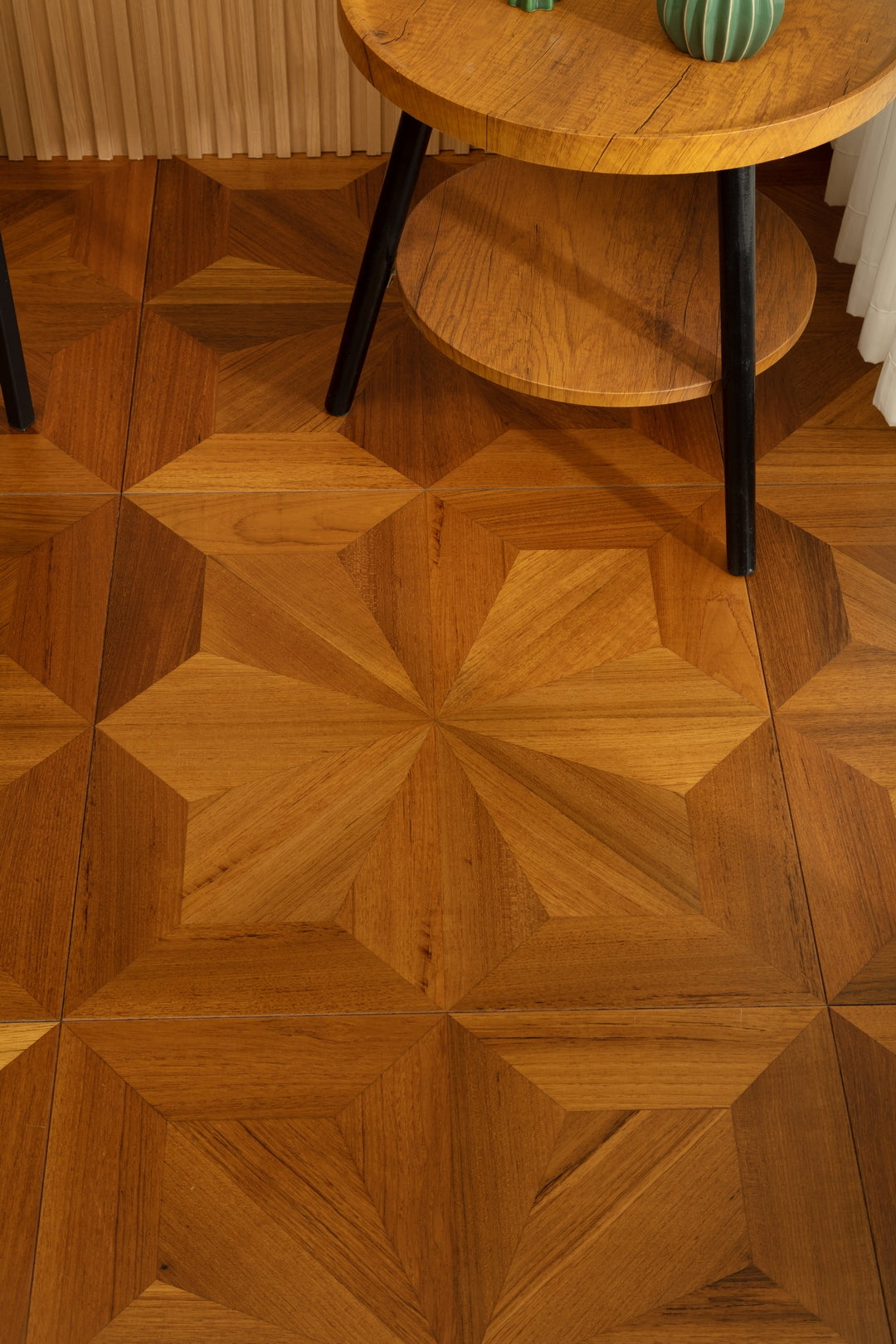 9188 Radial‑Star Teak Parquet Flooring | Hand‑PU Finish Marquetry Art Parquet Series