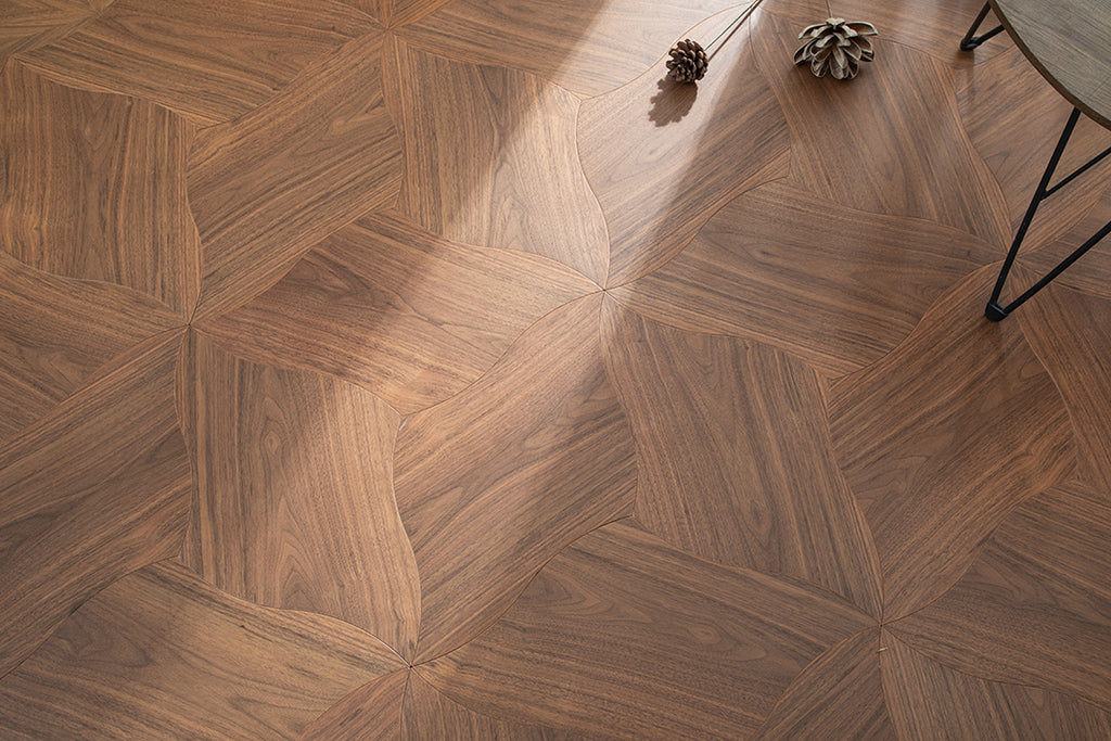 YXPH01 Quatrefoil Contour Art Parquet Full Birch Multi-layer Core Solid Wood Black Walnut Veneer Flush Joint Engineered Flooring