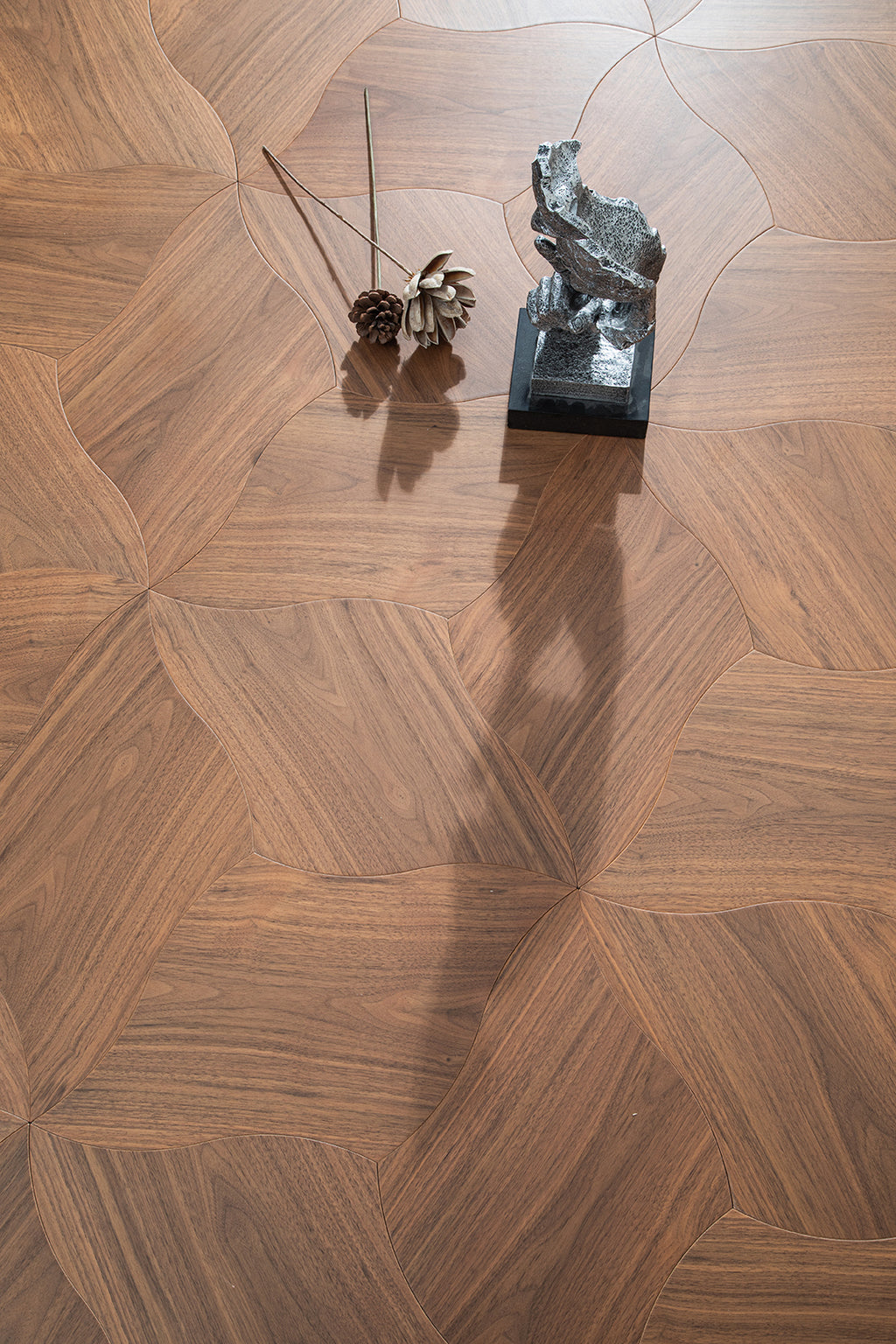 YXPH02 Sunburst Contour Art Parquet Full Birch Multi-layer Core Solid Wood Black Walnut Veneer Flush Joint Engineered Flooring